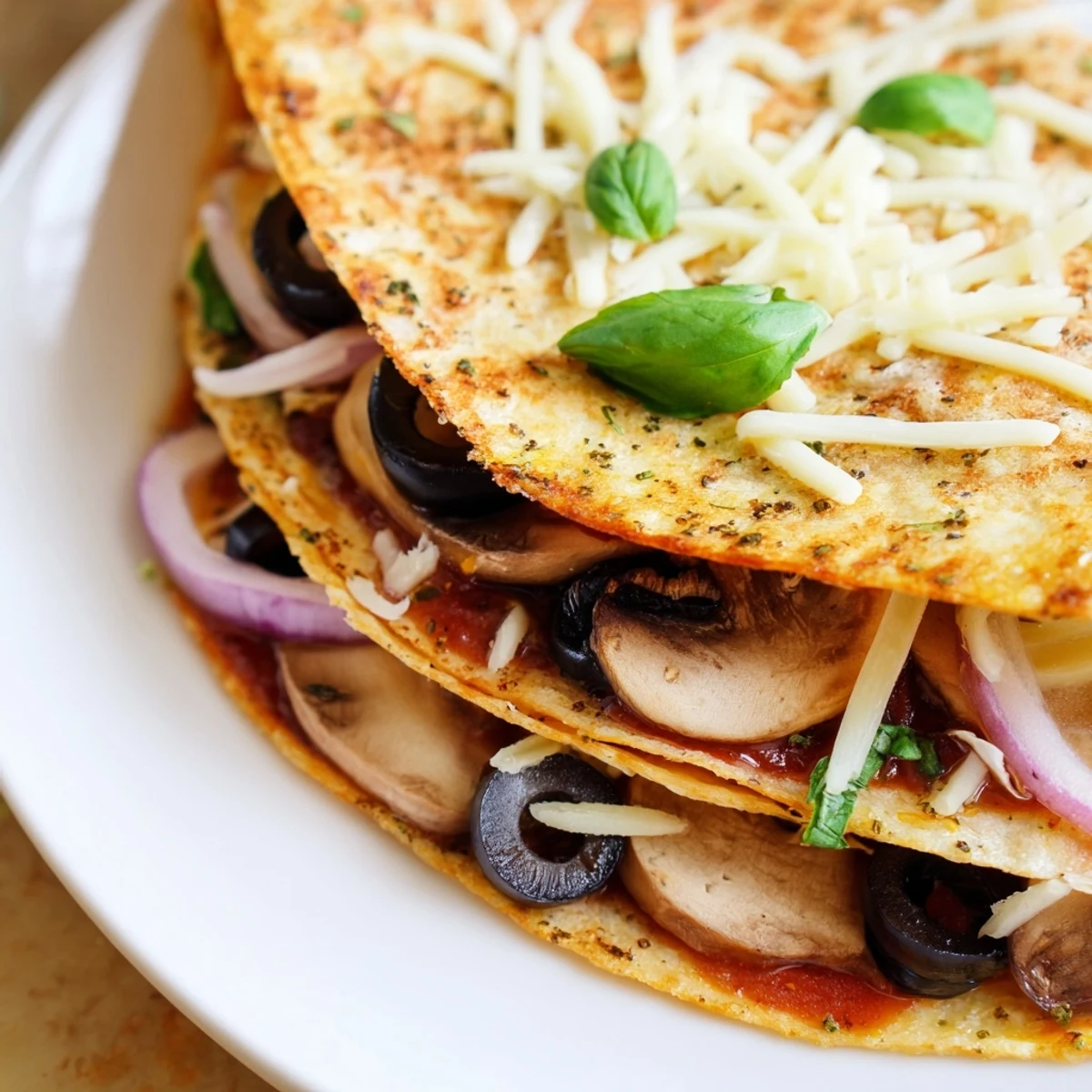 A close-up shot of a folded Cheesy Tortilla Pizza Wrap, ready to eat with a golden crust.