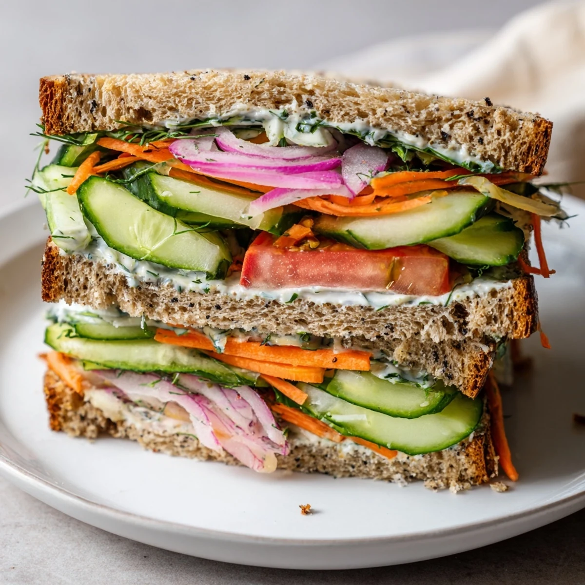 Crunchy dill pickle sandwich layers: pickles, veggies, and creamy spread bursting with flavor.
