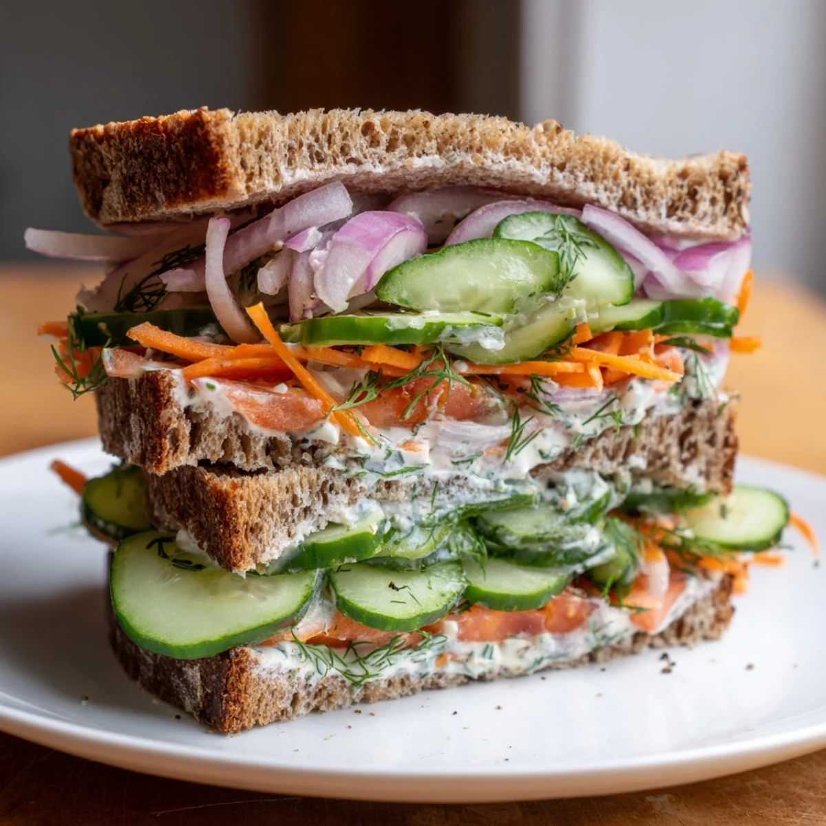 A close-up shot of a hearty crunchy dill pickle sandwich ready to enjoy on a plate.