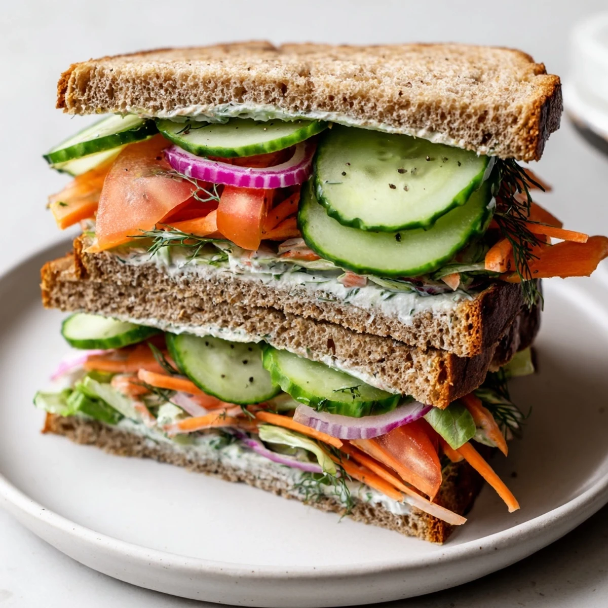 Freshly assembled crunchy dill pickle sandwich cut in half, showcasing pickle-packed goodness.