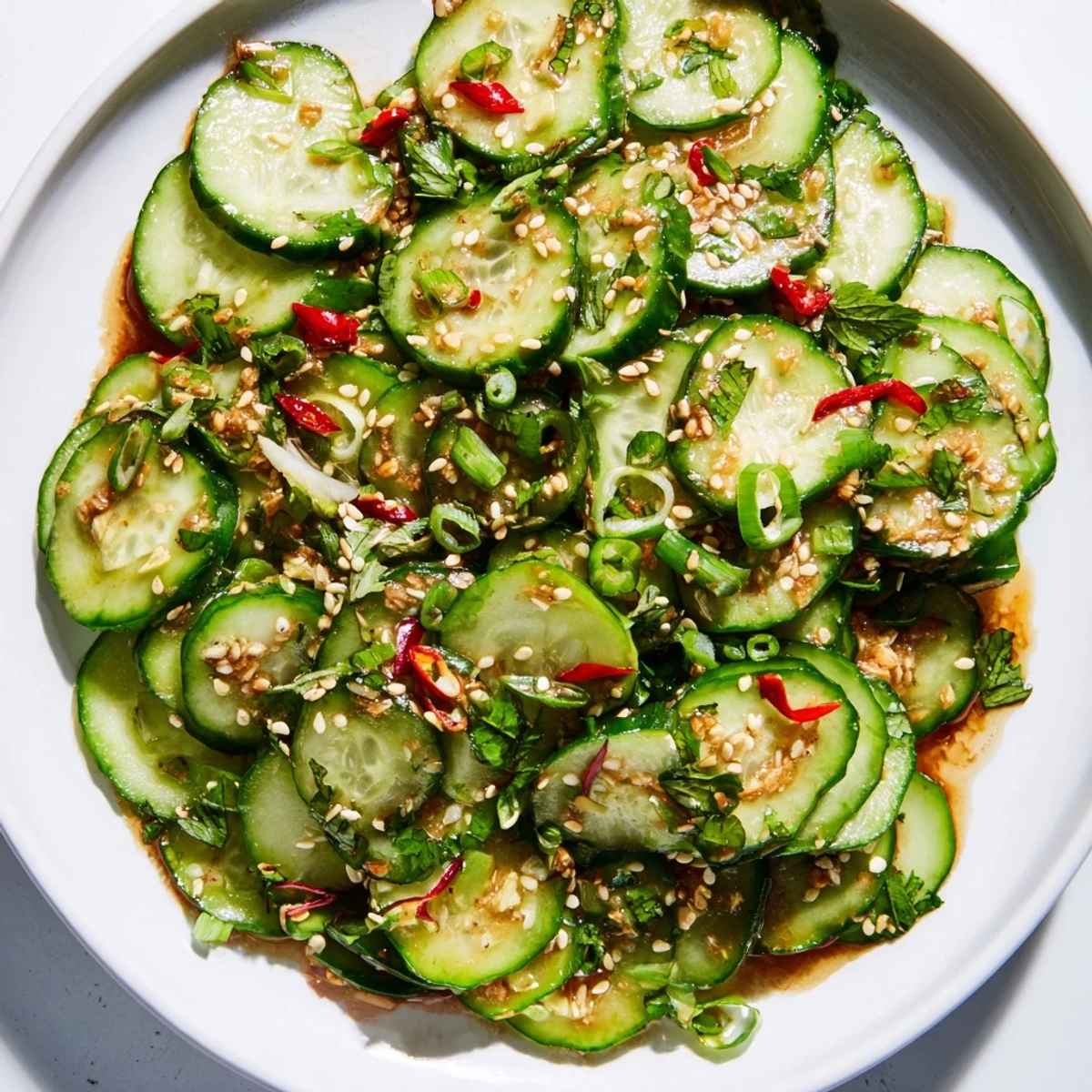 A bowl of refreshing Tangy Shaken Asian-Style Cucumber Salad, ready in minutes, with vibrant green cucumbers.