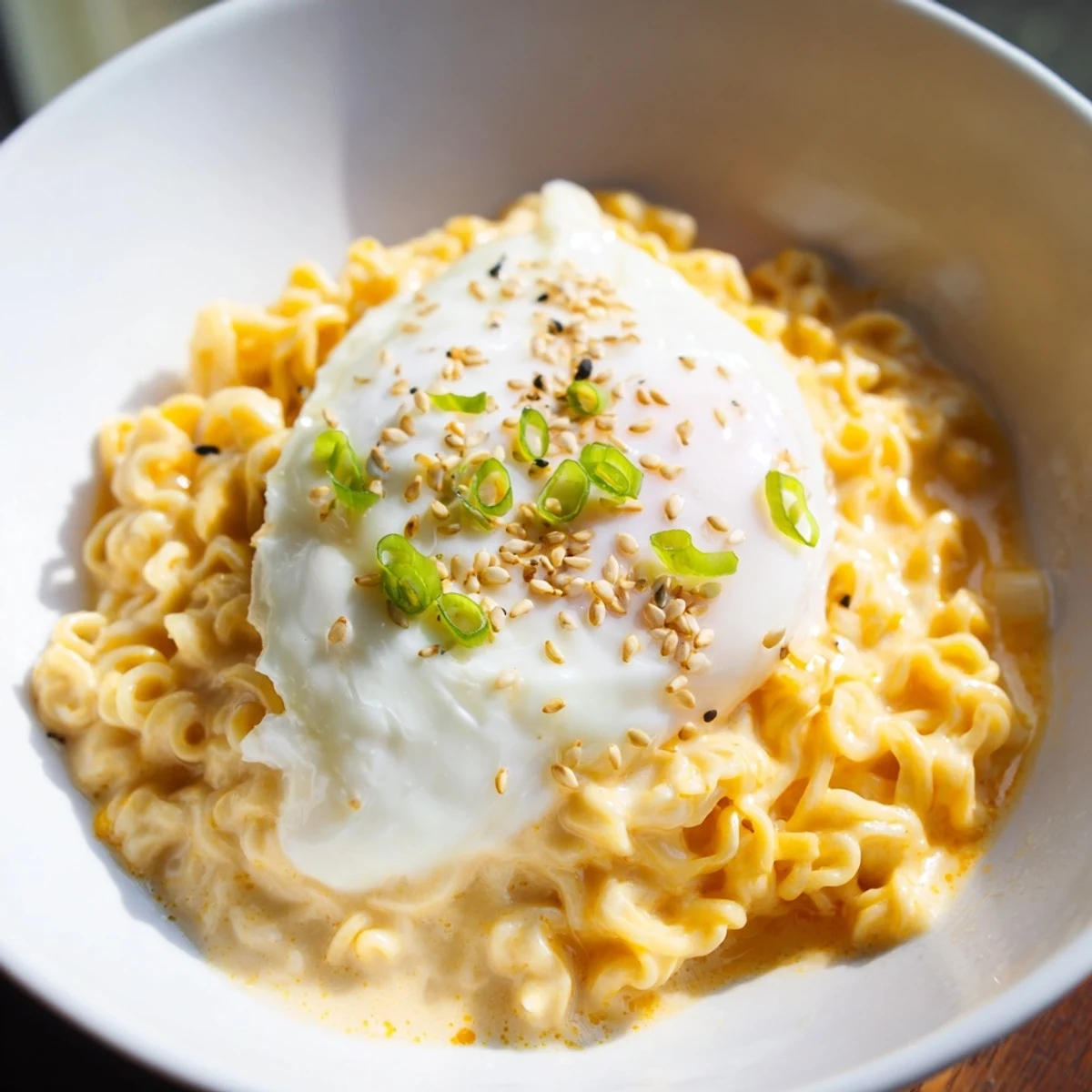 Creamy Instant Cheese Ramen Bowl, showcasing a molten cheese pull and perfectly poached egg, tempting your taste buds.