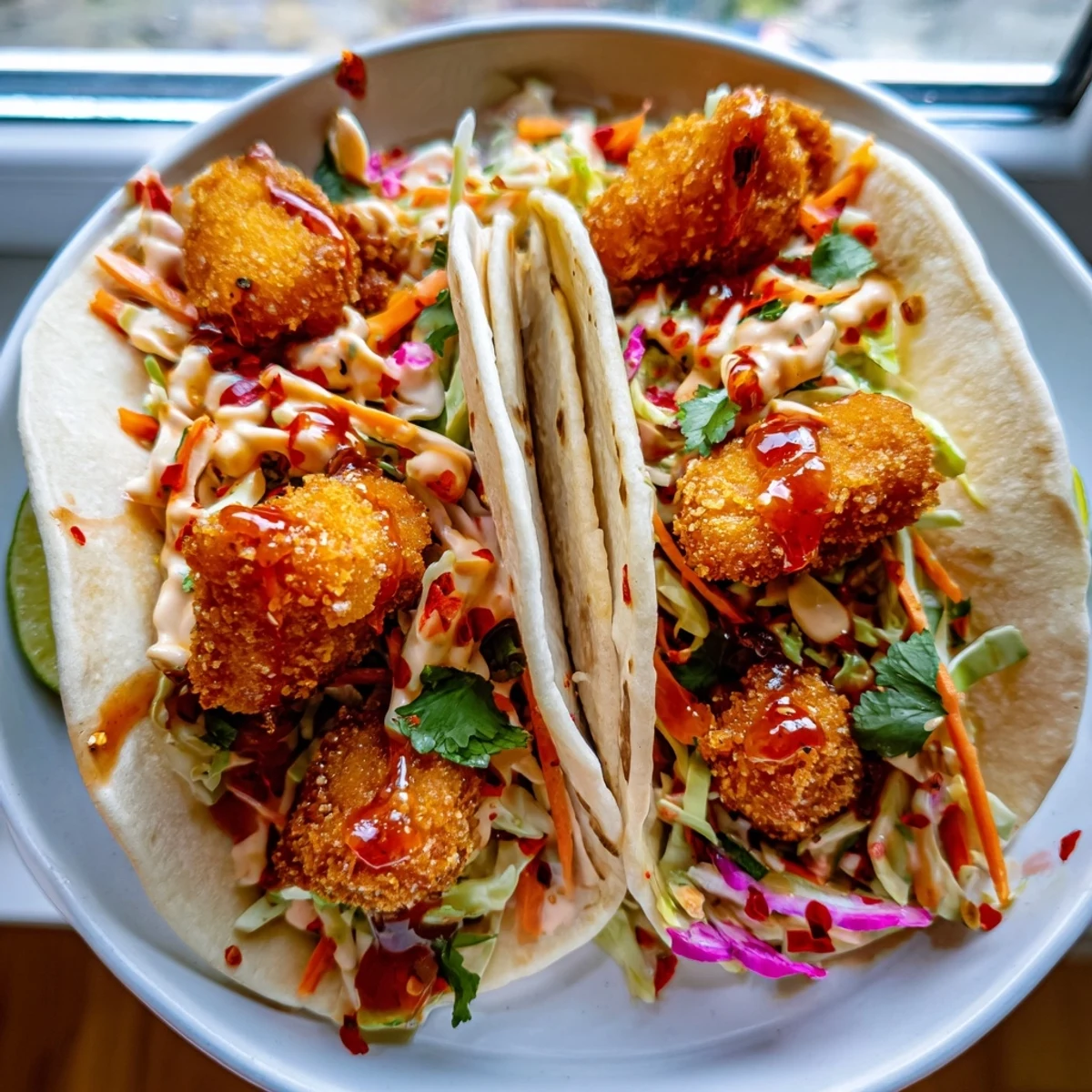 Close-up of vibrant Hot Honey Chicken Tacos showing the crispy chicken, slaw, and fresh cilantro.
