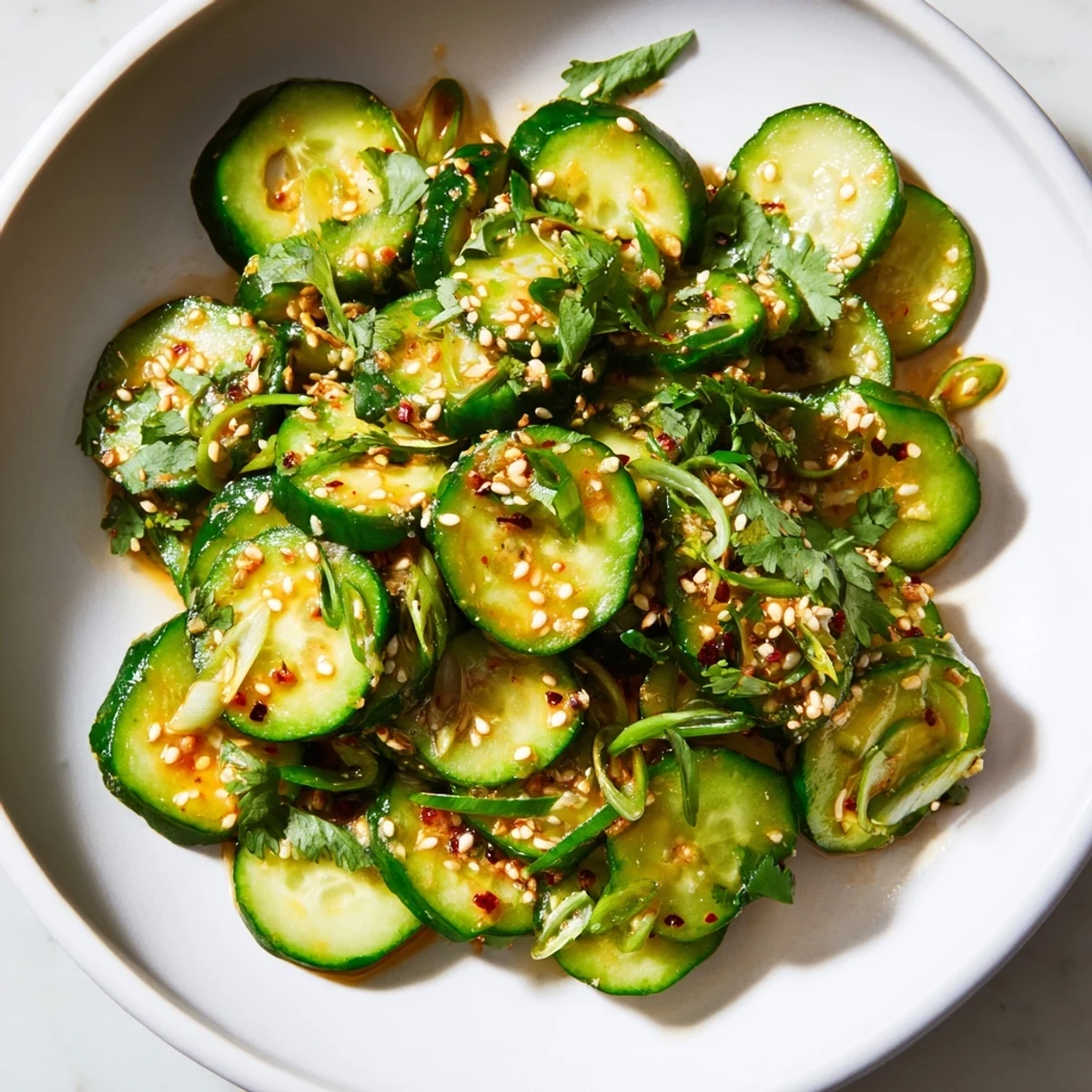 Crisp Zesty Shake Cucumber Salad with glistening cucumbers tossed in a spicy, sesame dressing.