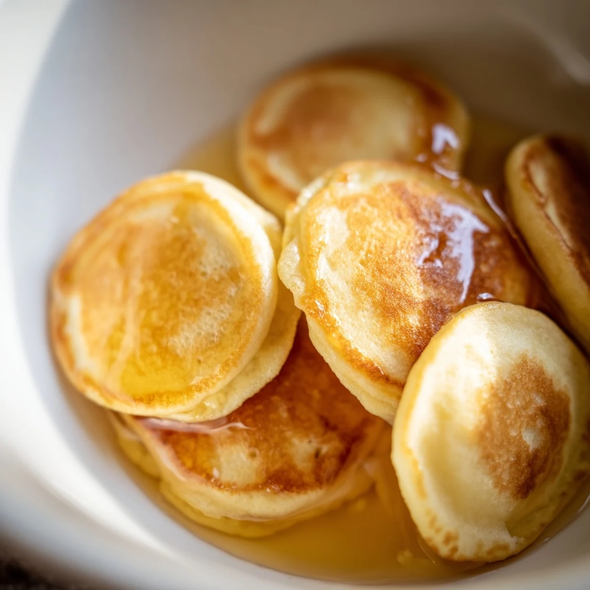 Golden, tiny Fluffy Pancake Cereal swimming in milk, ready for a sweet breakfast or brunch treat.