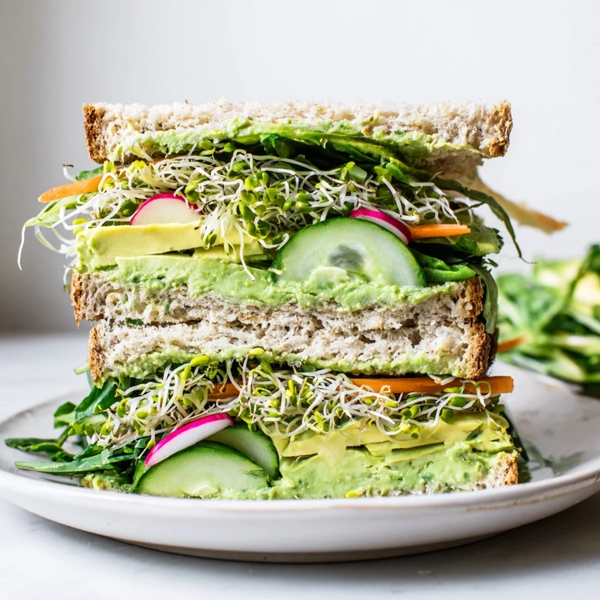 Freshly assembled Green Goddess sandwich showcasing creamy spread and crunchy, healthy ingredients.