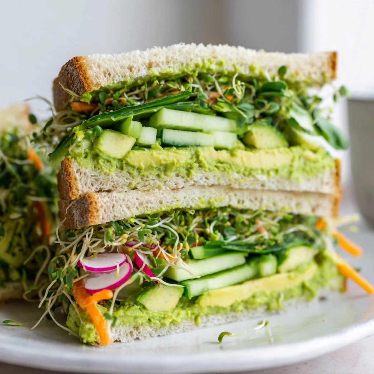 The prepared Green Goddess sandwich, ready to eat, with layers of fresh greens and vibrant avocado visible.