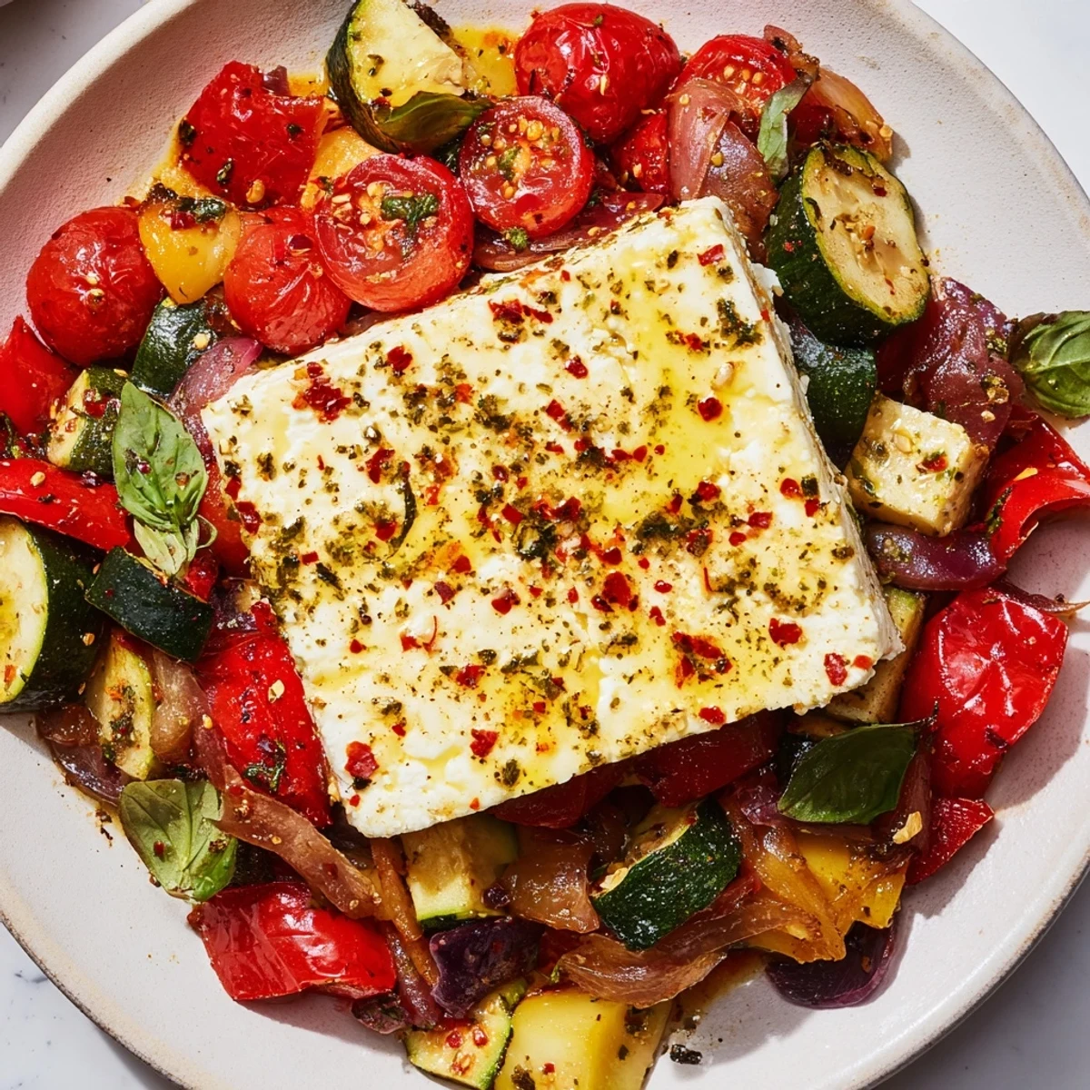 Creamy, baked feta pasta 2.0 with roasted vegetables, perfect for a flavorful vegetarian dinner.