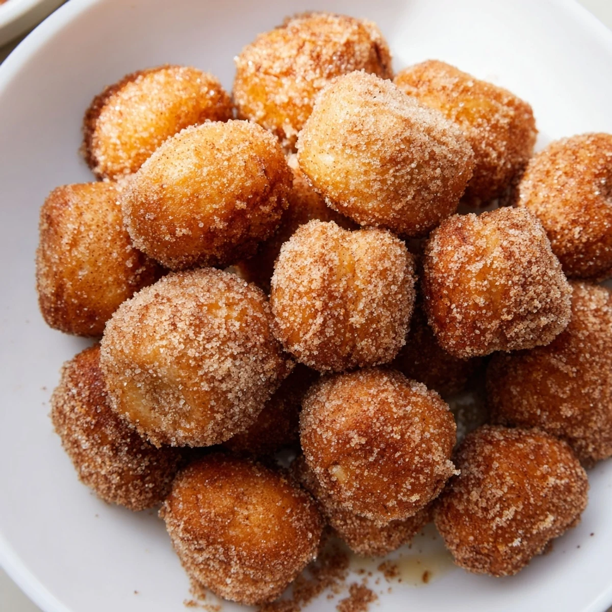 Golden air fryer cinnamon donuts, freshly coated in cinnamon sugar, ready to eat and smell delicious.