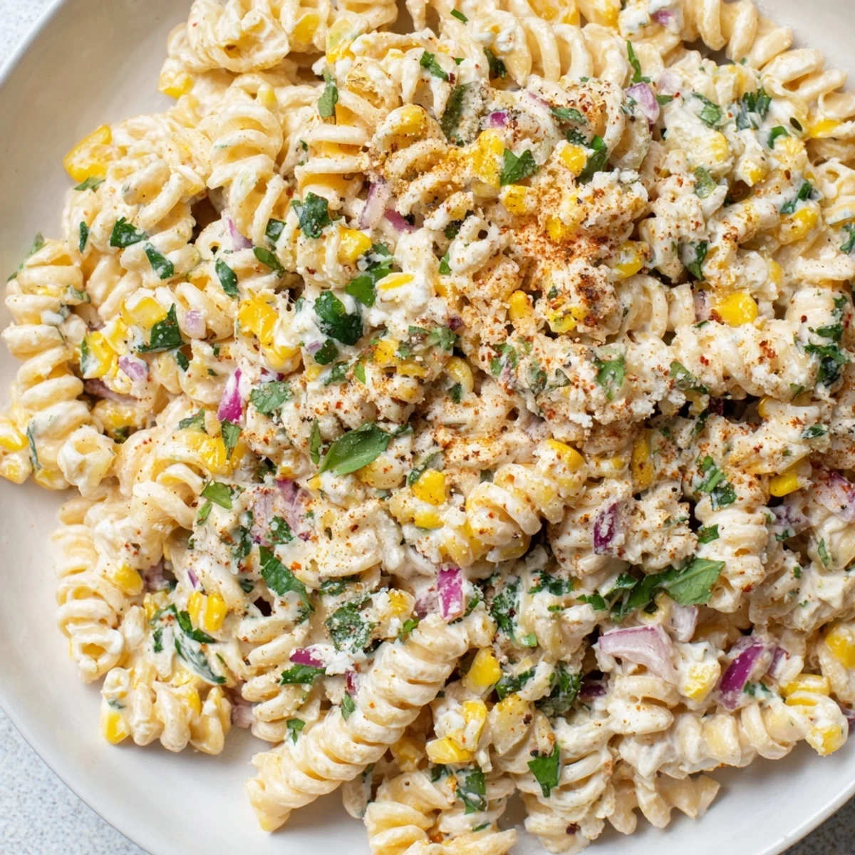 Creamy Mexican Street Corn Pasta, a flavorful pasta salad with colorful, charred corn kernels.