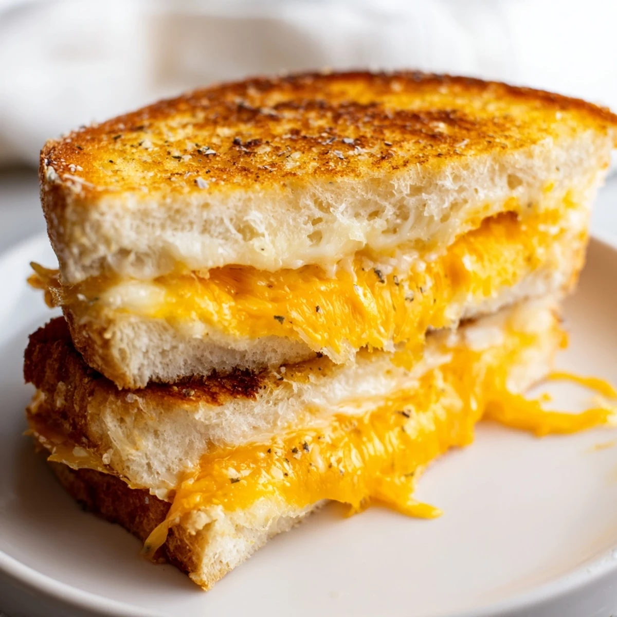 Golden, crispy Garlic Butter Mayo Grilled Cheese, oozing with melted cheddar and mozzarella cheese.