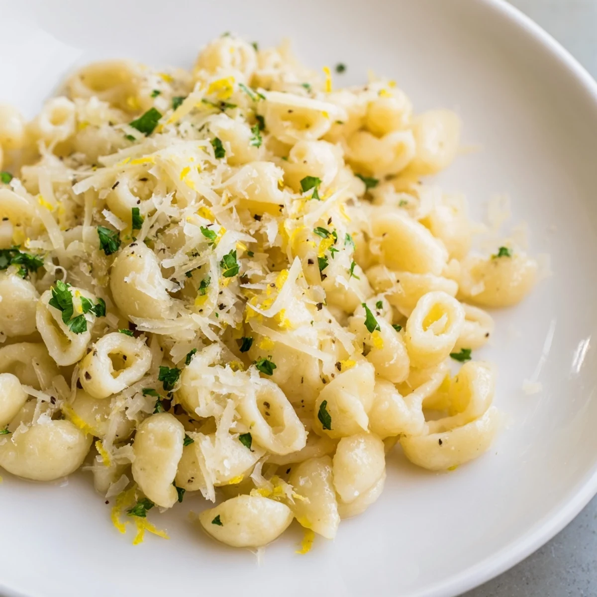 A steaming bowl of 15-Minute Creamy Garlic Butter Ditalini; tender pasta coated in a rich, creamy sauce.