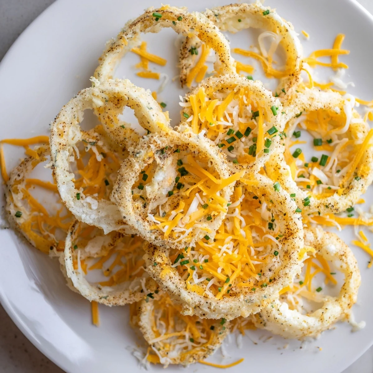 Close-up of crispy, cheese-covered Crispy Onion Cheese Chips ready to be enjoyed as a tasty appetizer.