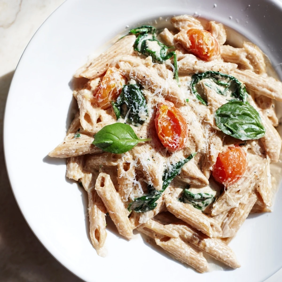 Creamy Cottage Cheese High-Protein Pasta, with basil, invites a satisfying, flavorful bite.