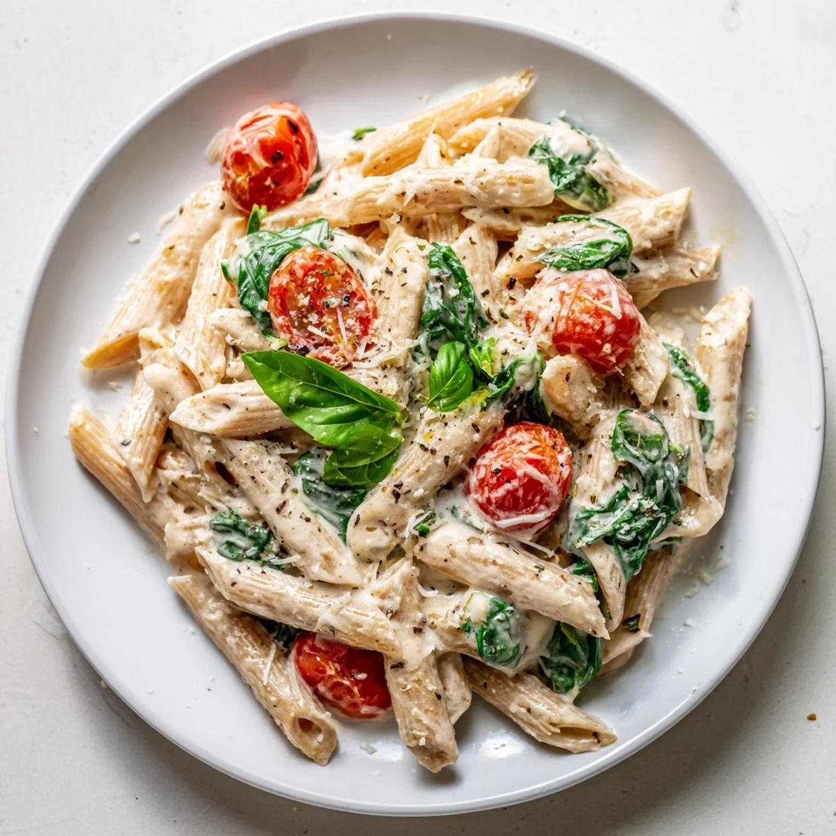 Warm bowl of Cottage Cheese High-Protein Creamy Pasta, spinach and tomatoes atop the creamy sauce.