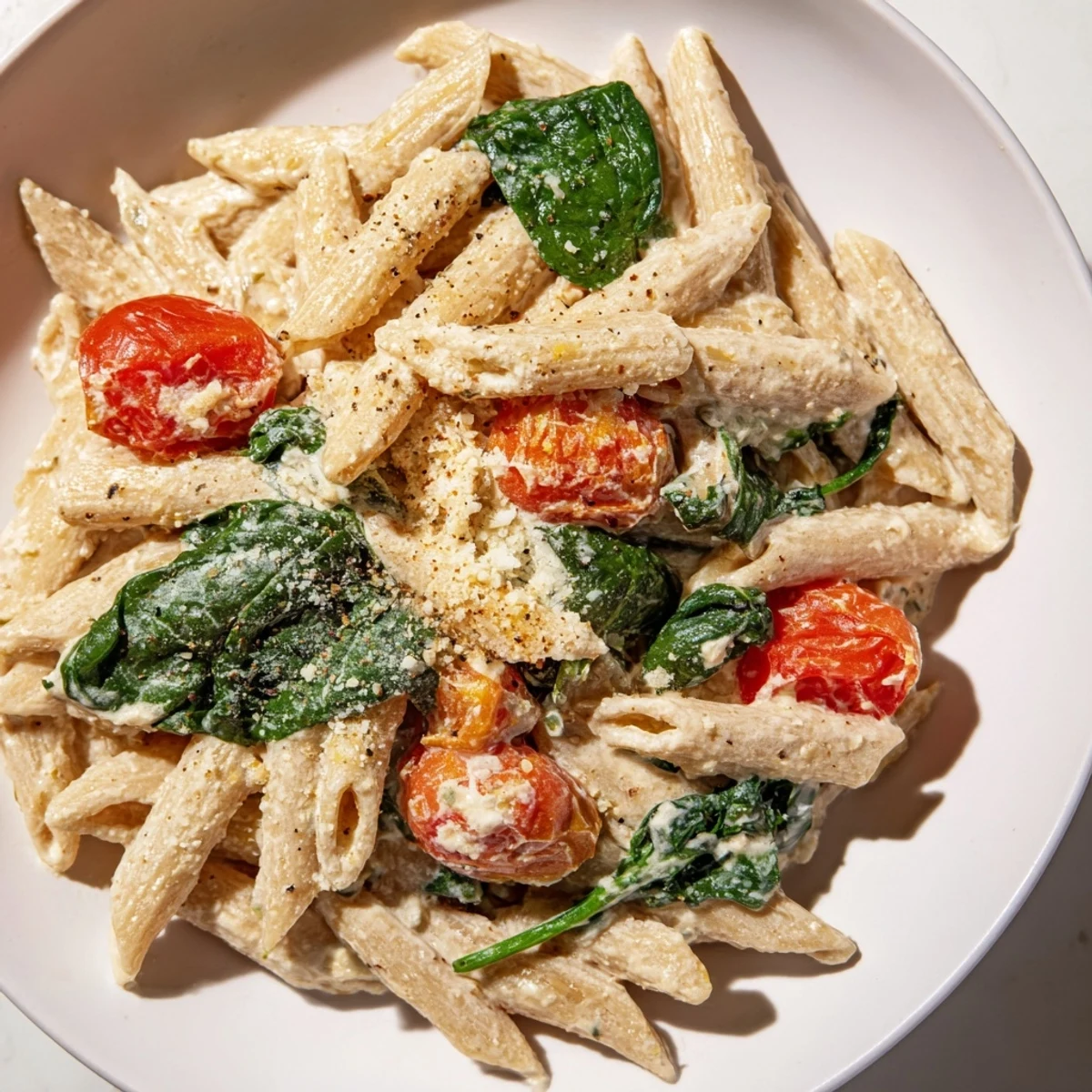 Close-up of Cottage Cheese High-Protein Creamy Pasta showing the smooth, blended cottage cheese sauce.