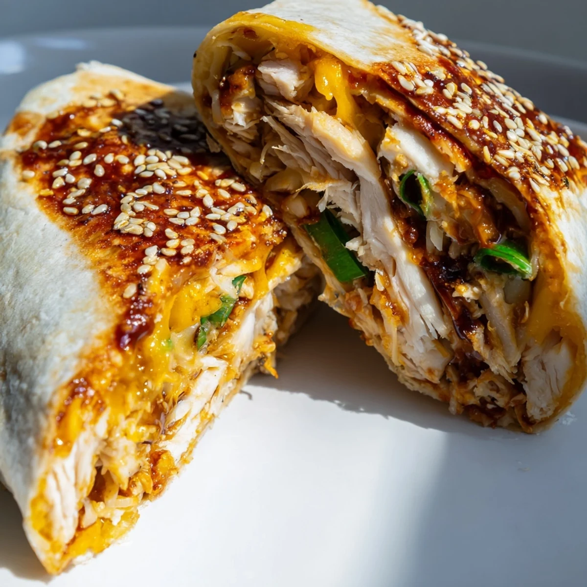 Golden Korean BBQ Chicken Wrap Grilled Cheese, oozing melted cheese and savory chicken filling.