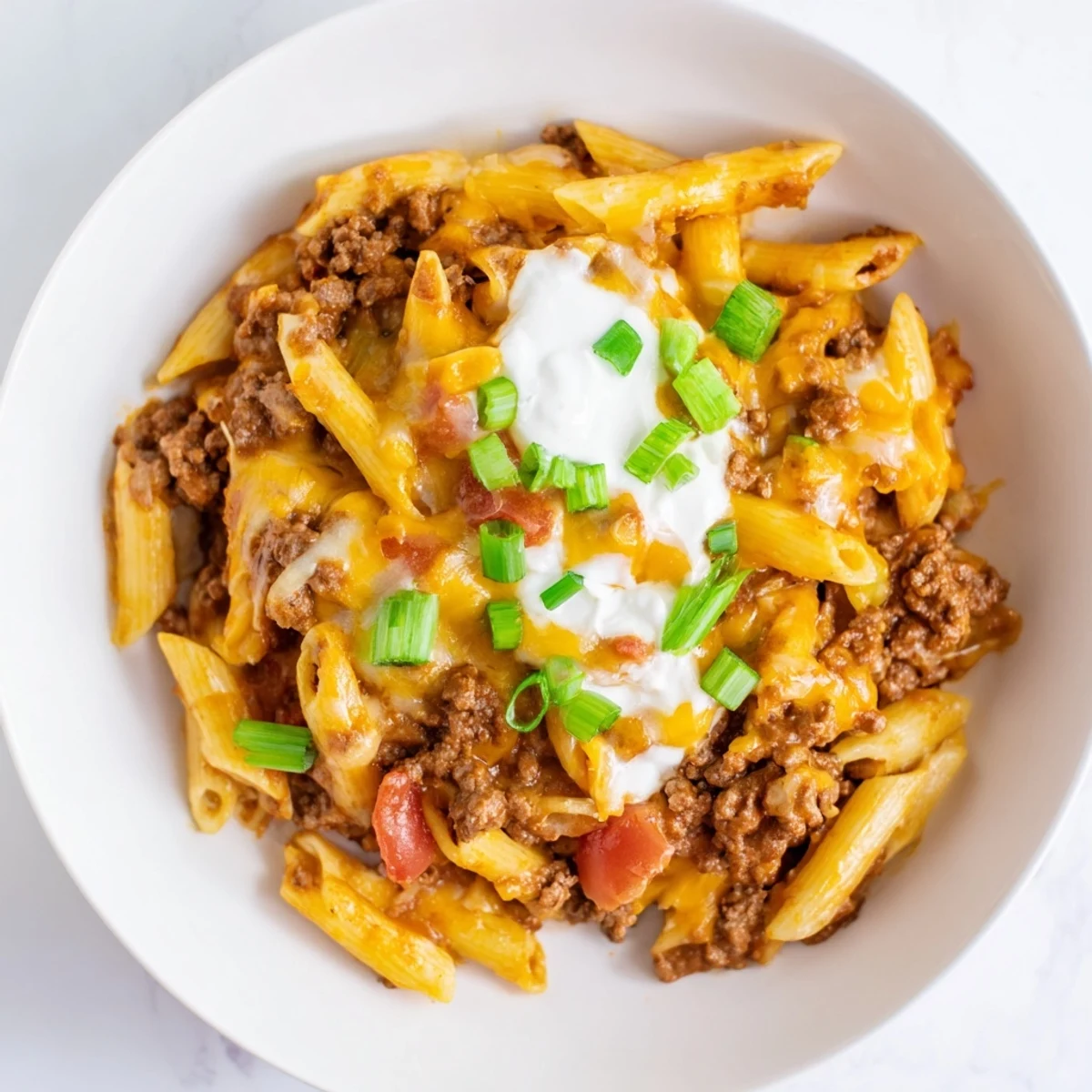 A steaming bowl of one-pot taco pasta, topped with melty cheese and fresh cilantro.
