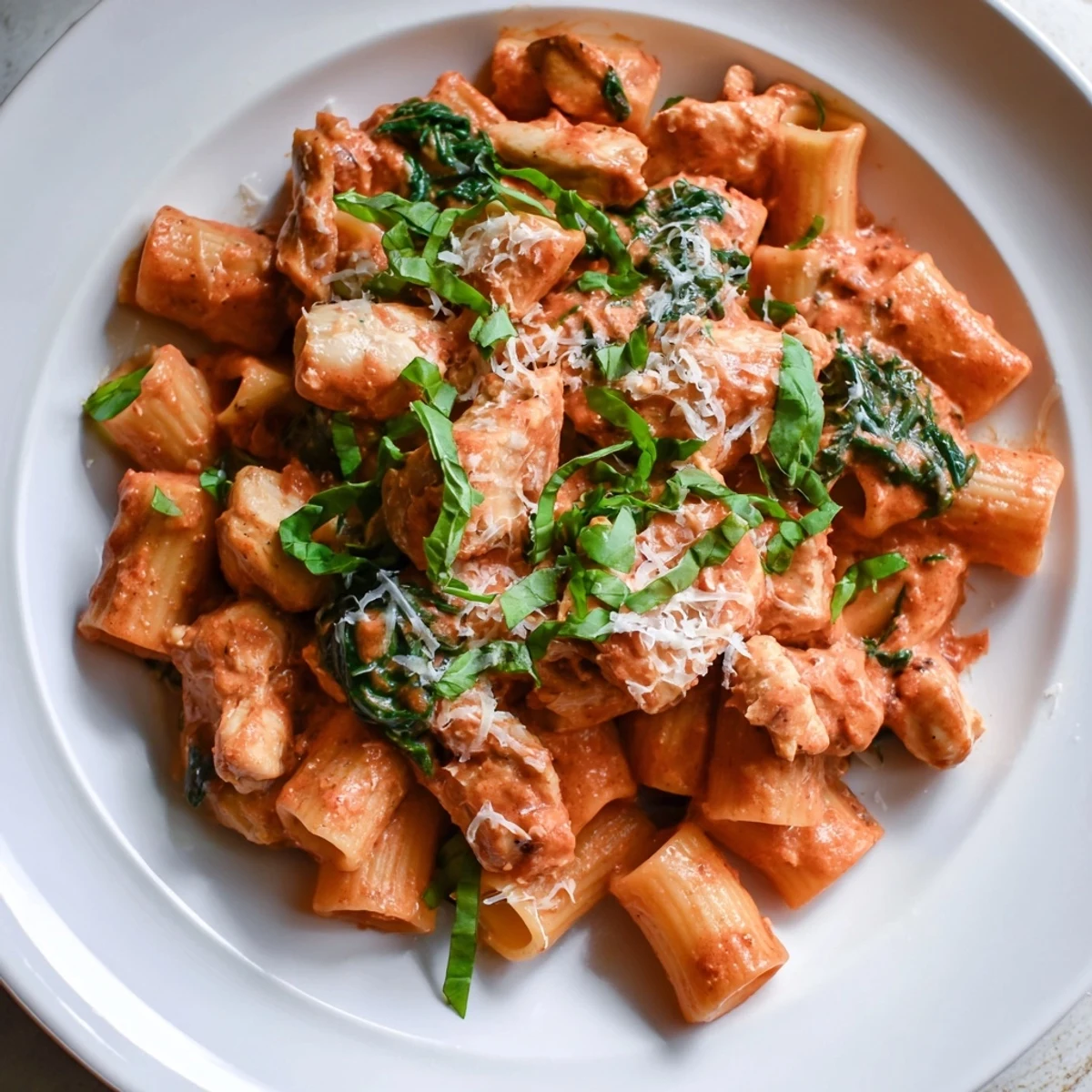 Creamy Budget-Friendly Marry Me Chicken Pasta with golden chicken and spinach, ready to serve with fresh basil.