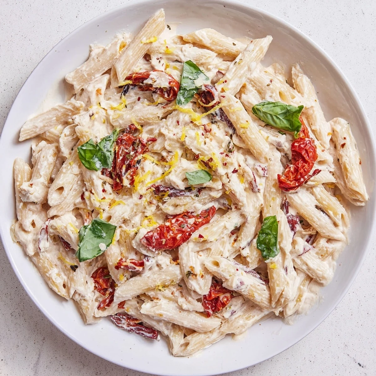 Baked feta pasta with sun-dried tomatoes: a baked block of feta melting with bursts of juicy tomatoes.