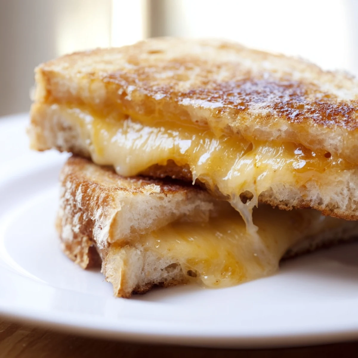 Sharp cheddar oozing from a grilled Honey Chipotle Butter Grilled Cheese on toasted sourdough bread.