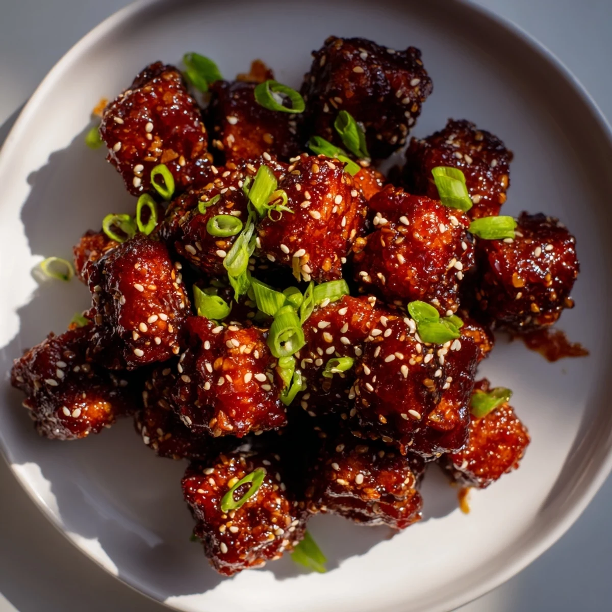 Crispy Honey Gochujang Tofu glistening with a sweet, spicy glaze, perfect for a flavorful meal.