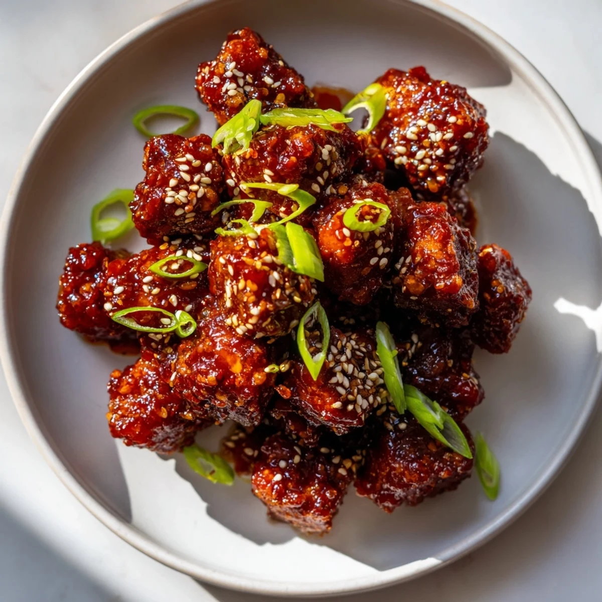 Golden-brown pieces of Honey Gochujang Tofu, coated in a sticky sauce, are ready to be enjoyed.
