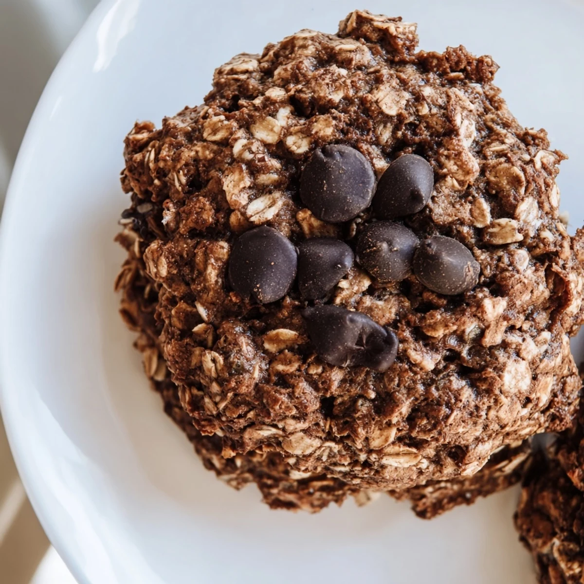 Close-up of a stack of moist chocolate oatmeal breakfast cookies, ideal for a quick, delicious snack.