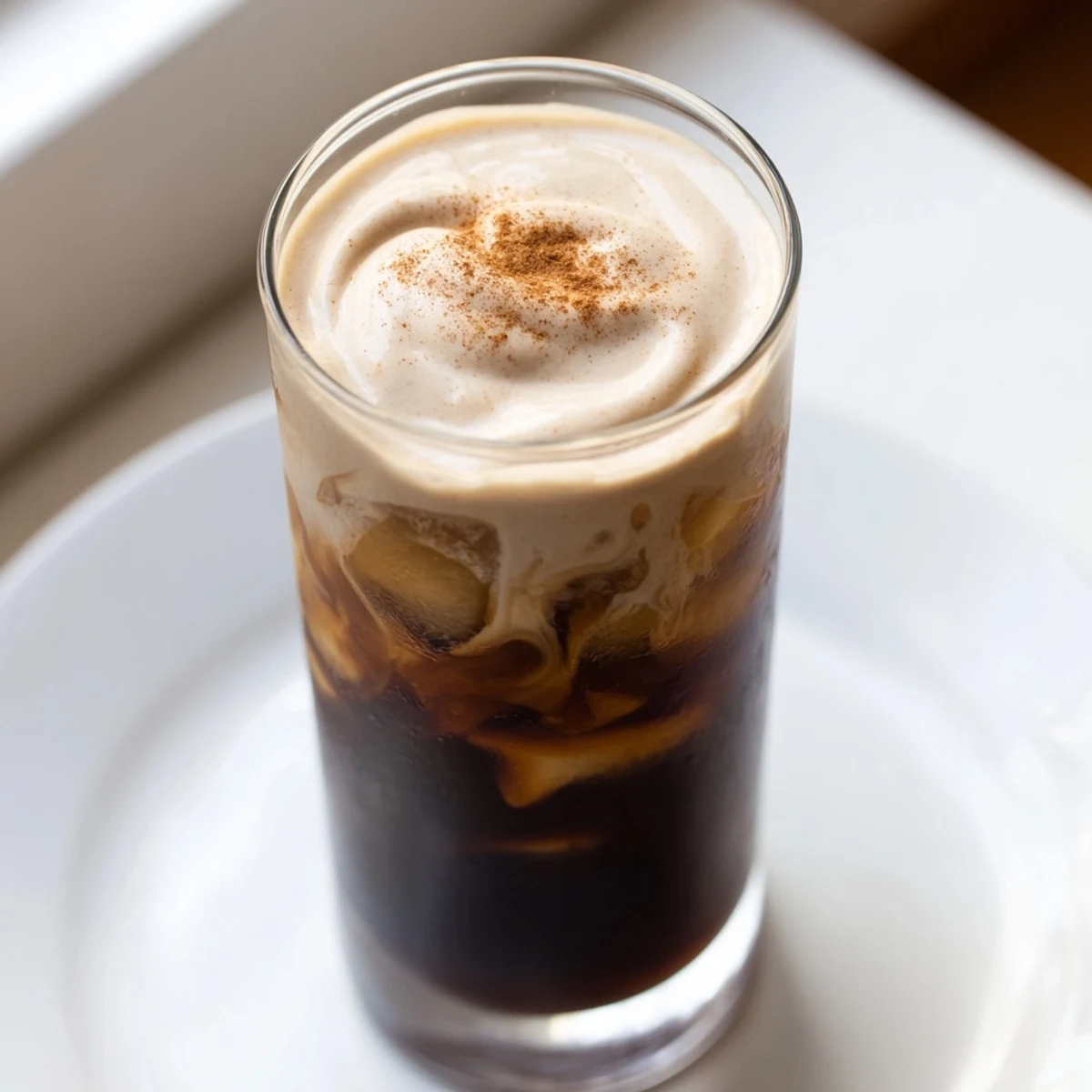 A glass overflowing with a rich Proffee Power Blend: vanilla shake swirled with cold brew, so refreshing.