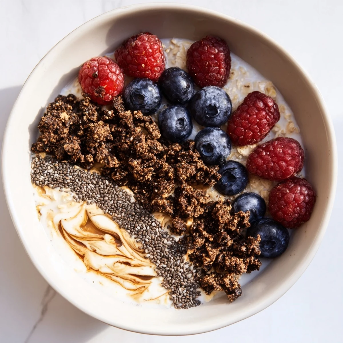 Creamy Overnight Oats Gourmet Makeover topped with berries, granola, and swirled nut butter for breakfast.