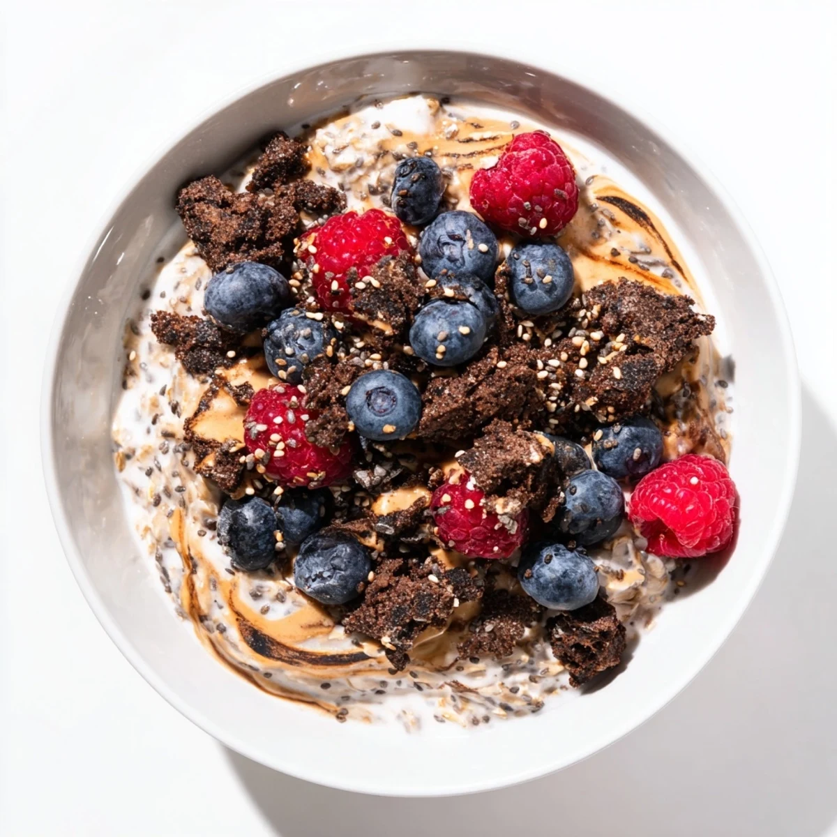 A close-up of Overnight Oats Gourmet Makeover, showcasing layers of oats, berries, and cookie crumbles.