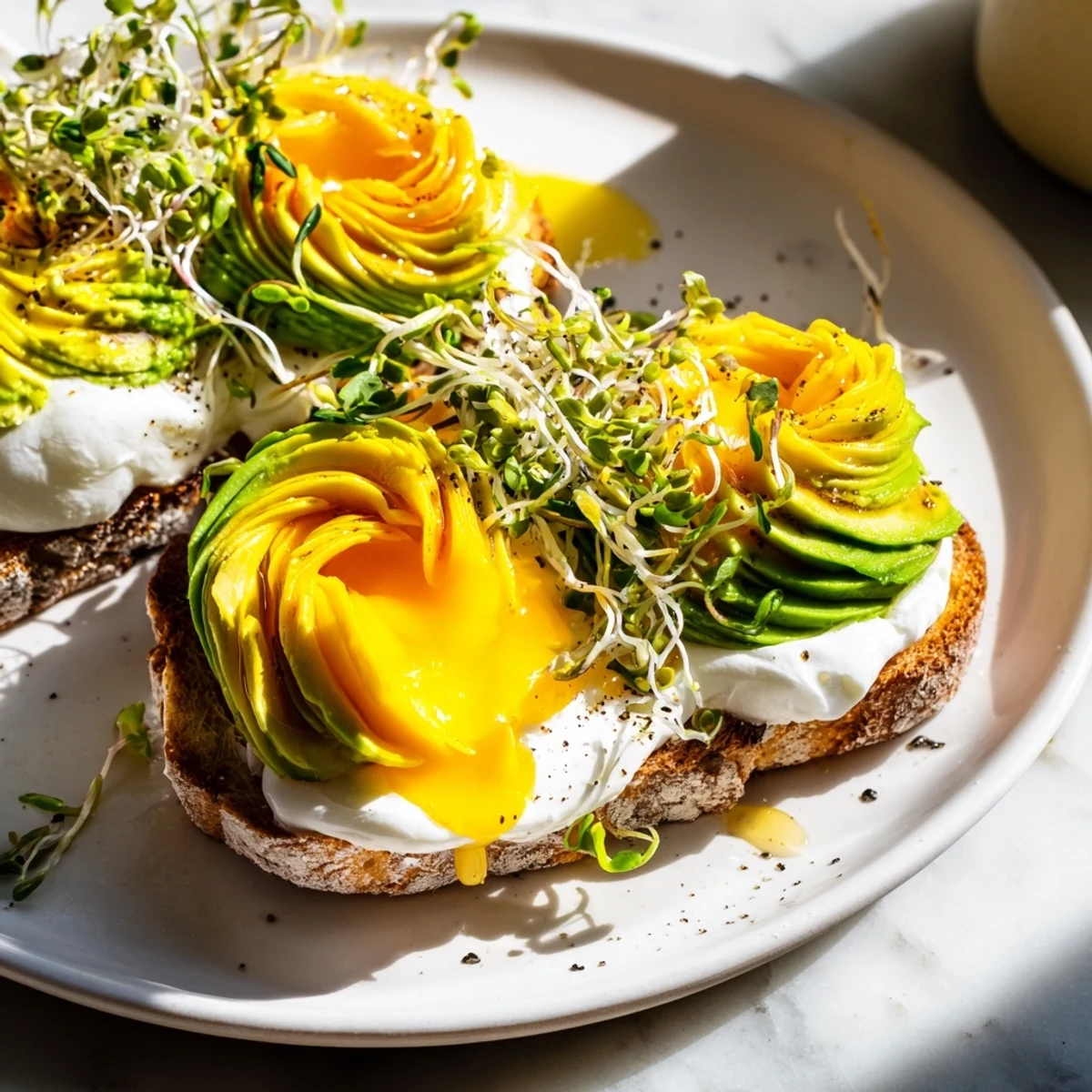 Golden cloud toast 2.0 topped with avocado roses and drizzled honey—a beautiful breakfast.