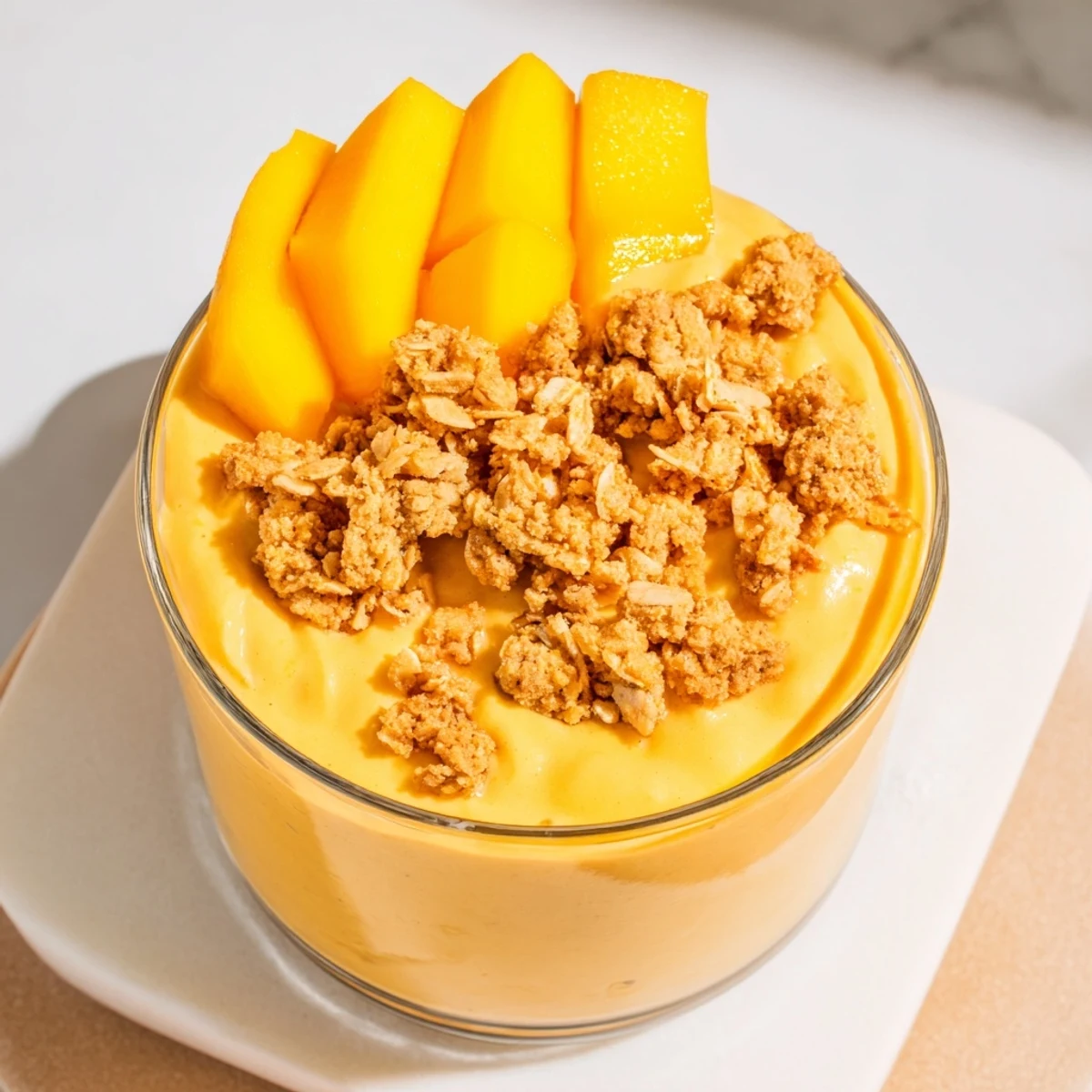 A close-up of creamy Mango Blended Overnight Oats, garnished with fresh mango for a vibrant breakfast.