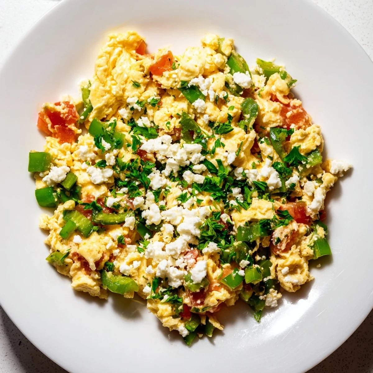 Golden, creamy Turkish Menemen scramble served hot, with vibrant tomatoes, peppers, and fluffy eggs.