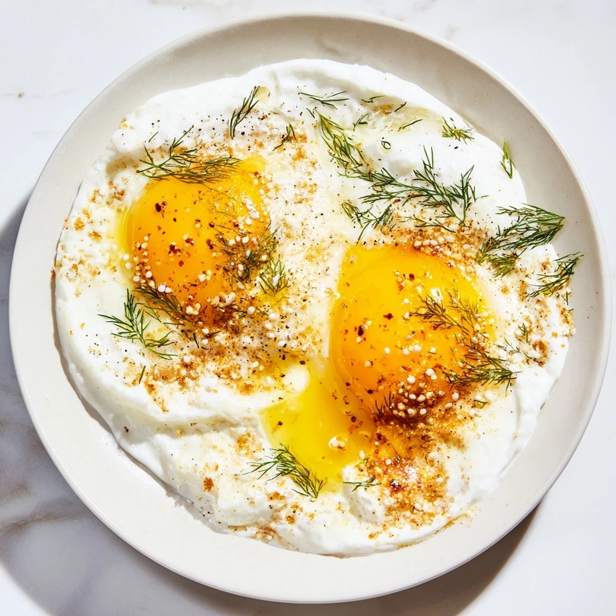 A vibrant Cilbir breakfast features soft poached eggs atop a creamy yogurt base, ready to enjoy.