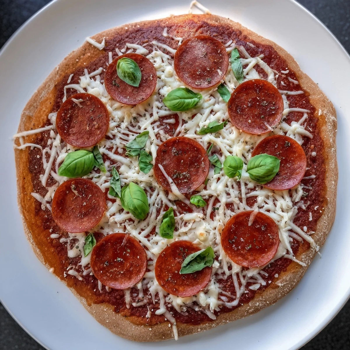 Homemade ground beef pizza base, with bubbly cheese and savory pepperoni, ready to devour.