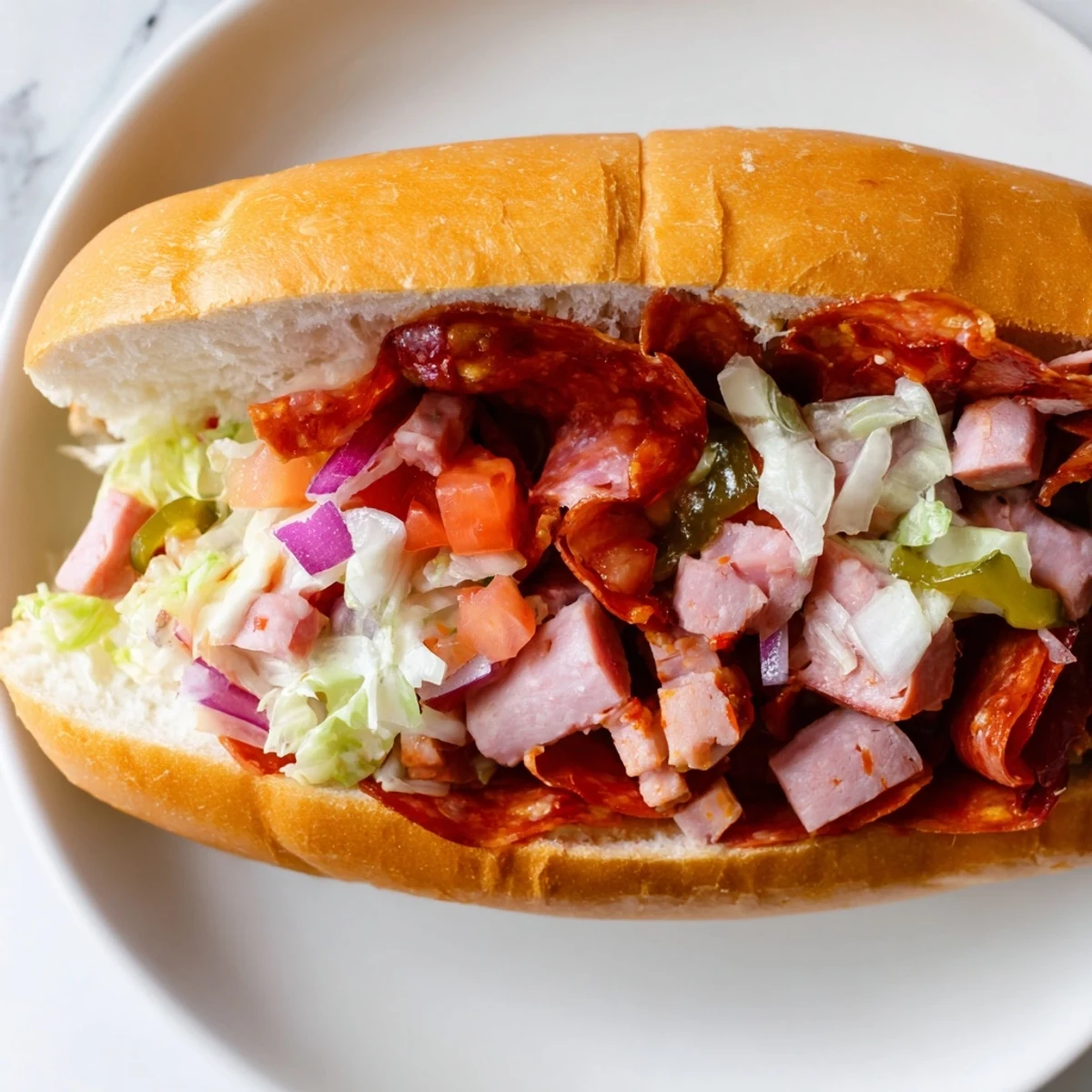 Close-up of a delicious and satisfying chopped Italian grinder sandwich with crisp lettuce.