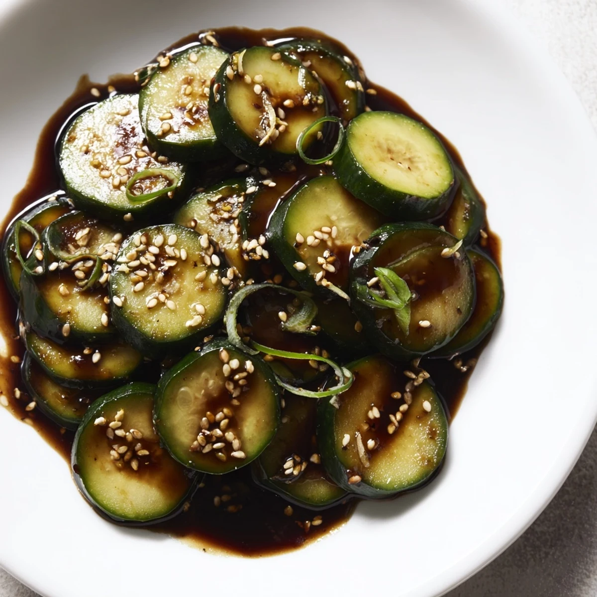 Vibrant photo of Shake Shake Garlic Cucumbers, tossed with sesame seeds, ready to refresh your palate.