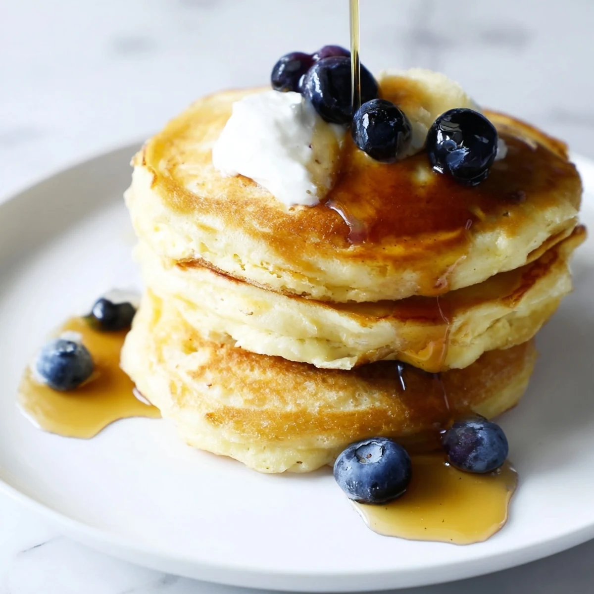 Fluffy cottage cheese pancakes piled high, ready to be served with fresh berries and drizzled syrup.
