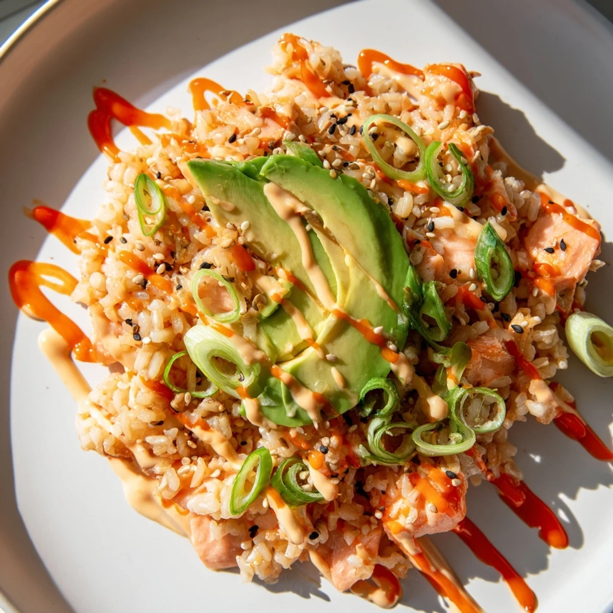 Warm Emily Mariko Salmon Rice Bowl with creamy avocado and spicy mayo, perfect for lunch.