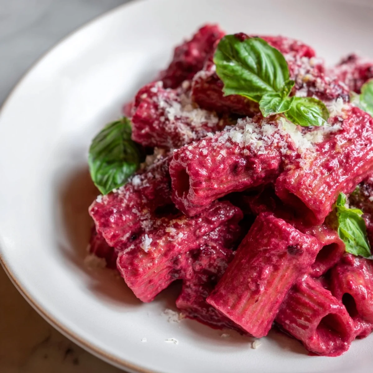 Pink Pasta with Beet Cream, a creamy and vibrant dish topped with fresh basil for a colorful meal.