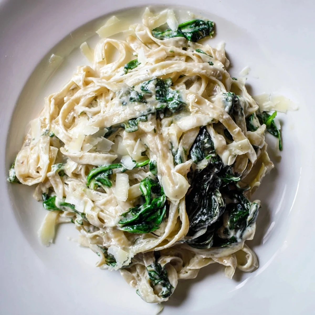Creamy Garlic Spinach Pasta tossed with wilted spinach in a rich, velvety garlic cream sauce, served hot.