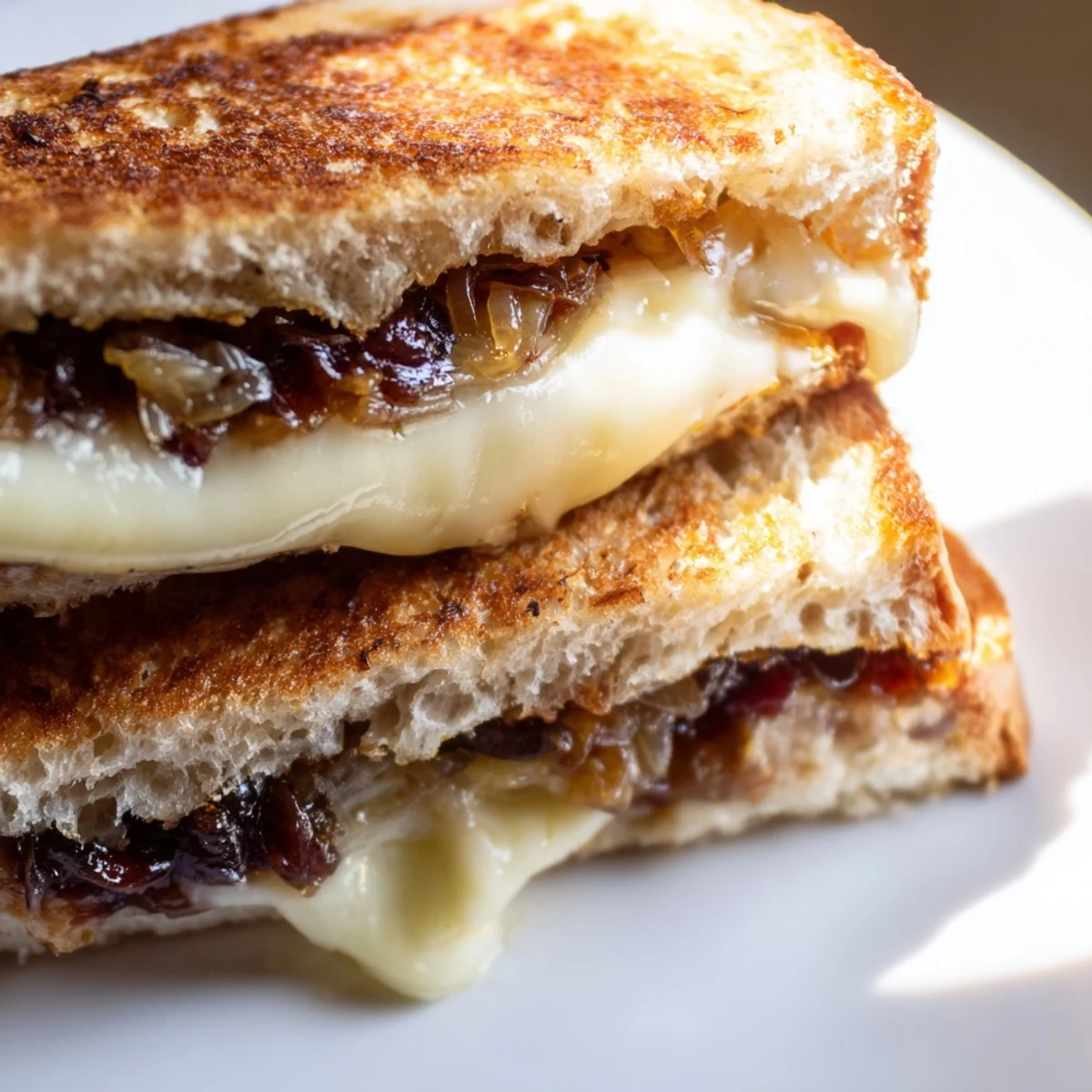 A close-up of the caramelized onion grilled cheese, highlighting golden crust and stringy melted cheddar.