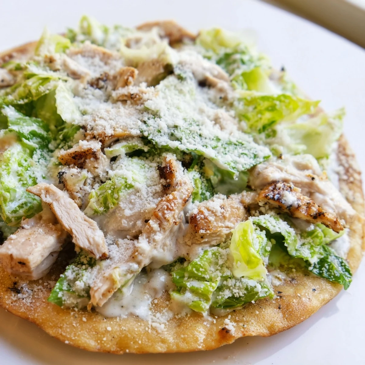 A close-up of a savory Chicken Caesar Flatbread featuring chopped romaine, shaved parmesan, and grilled chicken on a golden, baked crust ready to serve.