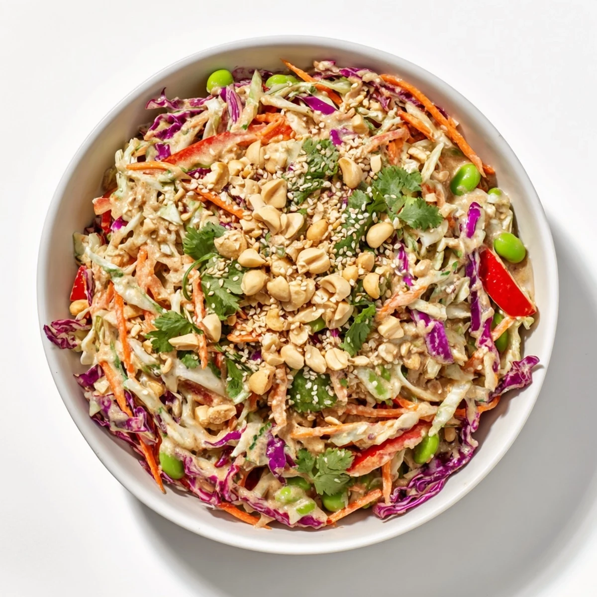 A vibrant Crunchy Thai Peanut Salad with shredded cabbage, carrots, and edamame, drizzled with creamy peanut dressing and topped with peanuts.