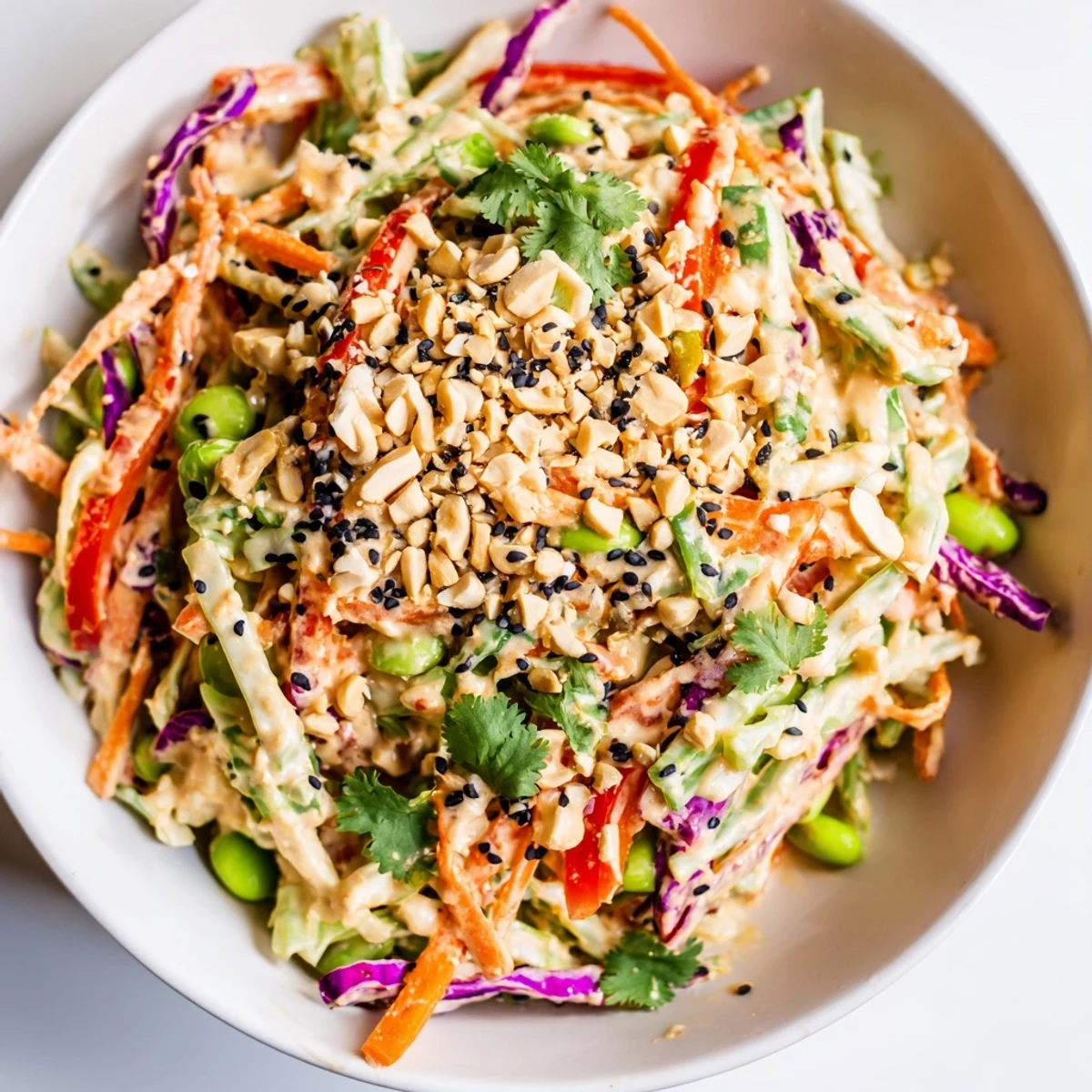 A refreshing Crunchy Thai Peanut Salad served in a bowl, featuring colorful vegetables and a tangy sesame-lime peanut sauce for dipping.