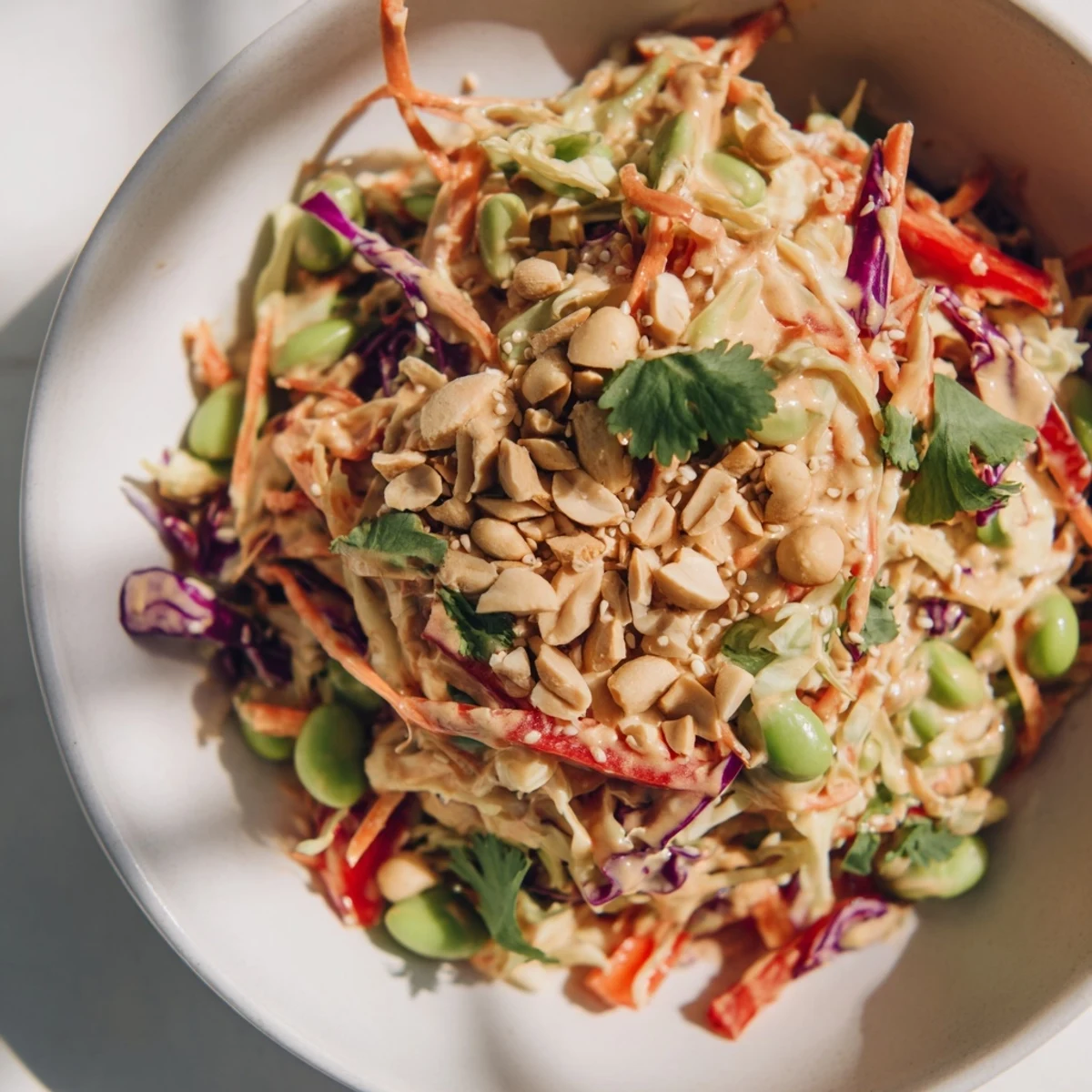A close-up of Crunchy Thai Peanut Salad, highlighting chopped peanuts and sesame seeds on crisp cabbage, carrots, and edamame.