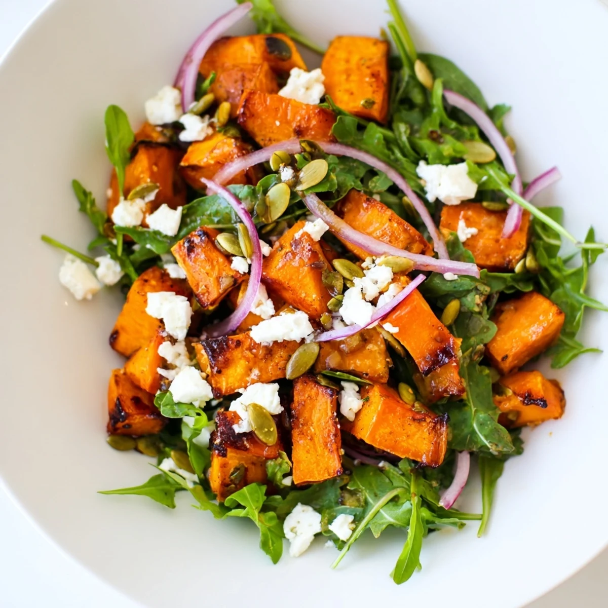 Golden roasted sweet potato salad with peppery arugula and creamy feta crumbles, topped with a bright honey-lime dressing.