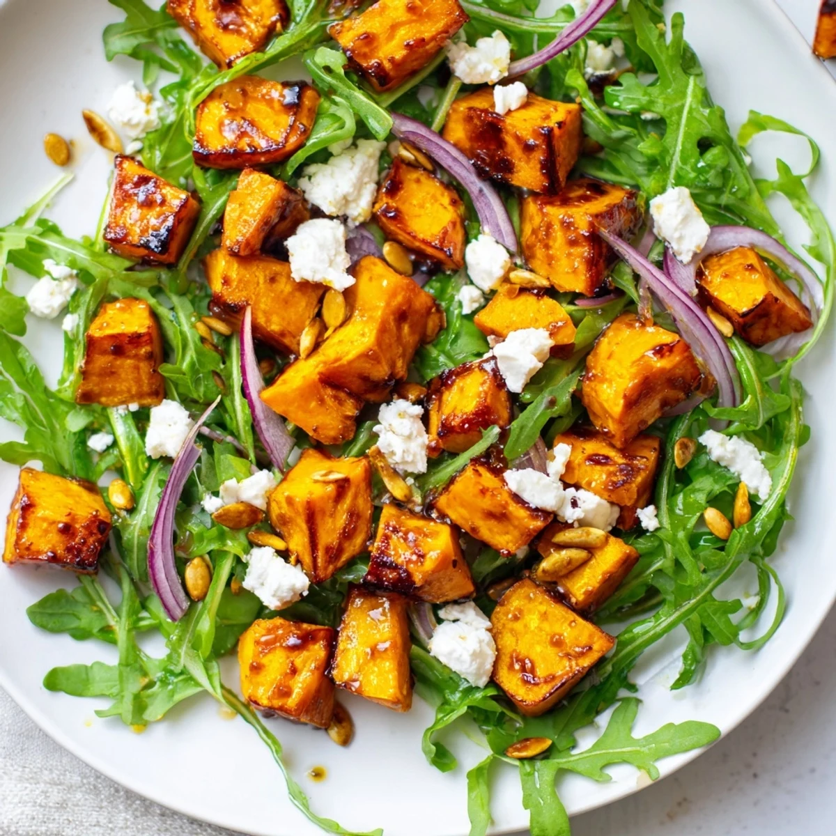 Hearty roasted sweet potato salad with caramelized cubes, tangy feta, and crunchy pepitas on a bed of fresh greens.