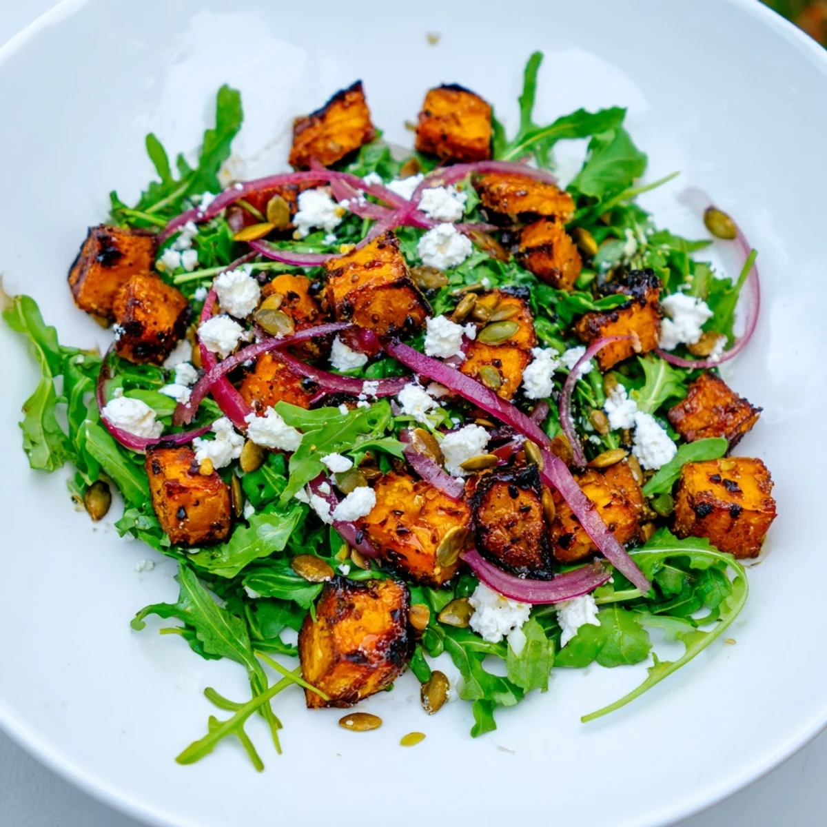 Colorful roasted sweet potato salad tossed in a zesty honey-lime dressing, featuring arugula, red onion, and feta cheese.